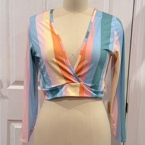 Boohoo Long Sleeve Pastel Rainbow Striped V-Neck Crop Top